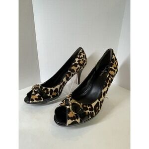 Cole Haan Carma Tantivy Calf Hair Leopard Peep Toe‎ Gold Accents Pumps Shoes 9AA